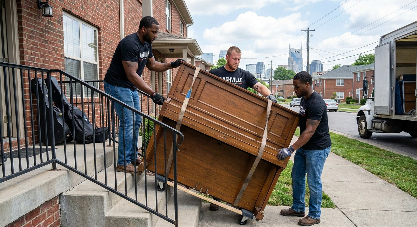Labor-only movers in Nashville lifting heavy furniture and equipment